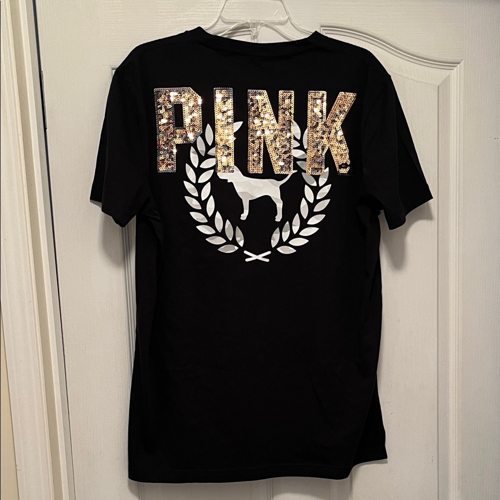 PINK Victoria's Secret Black Tee with Gold and White Design